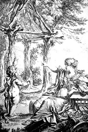 Frontispício do ensaio de Laugier de 1753, com personificação alegórica da Arquitetura