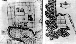 À esquerda, mapa de 1582 de Tentenango, Vila indígena no México. À direita, Cidade do Panamá, plano do século 17 [GUTIERREZ, Ramón. Arquitectura y urbanismo en Iberoamerica. Madrid, Arte Cátedra, 1992]