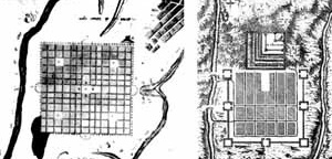 À esquerda, traçado de Luiz Díez Navarro para Nova Guatemala, 1776. À direita, plano de Cusco na época da conquista espanhola [GUTIERREZ, Ramón. Arquitectura y urbanismo en Iberoamerica. Madrid, Arte Cátedra, 1992]