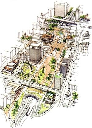 Proposta do novo Vale do Anhangabaú. Promon Engenharia / JBMC Arquitetura e Urbanismo / AQ Arquitetura e Urbanismo. Perspectiva de Ernesto Zamboni / Geométrica Engenharia de Projetos<br />Fonte: Urbs, nº 36. São Paulo, Associação Viva o Centro, jan./fev. 2005 