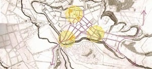 Desenho sobre cartas da capital de São Paulo de 1842, realizados por De Bem, 2002. Na colina histórica estão demarcados os edifícios aglutinadores dos traçados das ruas