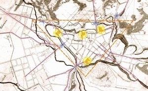 Desenhos sobre cartas da capital de São Paulo de 1842, realizados por De Bem, 2002. Na colina histórica estão demarcados os edifícios aglutinadores dos traçados das ruas