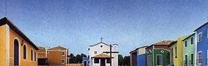 Folheto turístico da Costa do Sauípe (BA). O complexo hoteleiro inclui, entre outros atrativos, esta recriação de cidade colonial, denominada “Vila Nova da Praia”, uma montagem cênica de referências arquitetônicas estilizadas. Um não-lugar?  [Costa do Sauípe Resort. 2001]
