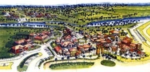Folheto turístico da Costa do Sauípe (BA). O complexo hoteleiro inclui, entre outros atrativos, esta recriação de cidade colonial, denominada “Vila Nova da Praia”, uma montagem cênica de referências arquitetônicas estilizadas. Um não-lugar? [Costa do Sauípe Resort. 2001]
