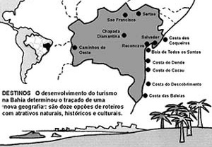 Mapa de roteiros turísticos do Estado da Bahia. Elaborado pelo órgão oficial de turismo, a Bahiatursa, propõe sua “nova geografia” mesclando denominações tradicionais (“Baía de Todos os Santos”) e inventando outras (“Caminhos do Oeste”).  [Bahiatursa / 2002. Adaptação: Maria da Glória Lanci da Silva]
