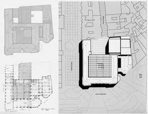 Agência Central e Espaço Cultural dos Correios, projeto de reforma do Una Arquitetos, implantação, planta de cobertura e planta baixa