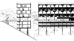 Figura 02 – Affonso Eduardo Reidy, Conjunto Residencial do Pedregulho, 1952. Implantação ao longo da cota mediana do talude seguindo a curva de nível natural do terreno [Affonso Eduardo Reidy. São Paulo, Instituto Bardi / Blau, 2000, p. 90]