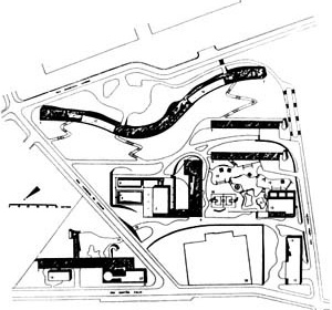 Figura 03 – Affonso Eduardo Reidy, Conjunto Residencial do Pedregulho, 1948. Planta geral definitiva do conjunto [Affonso Eduardo Reidy. Coleção arquitetos brasileiros. SP, Instituto Bardi/Blau, 2000,p.85]