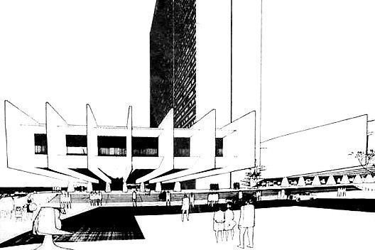 Euro Kursaal, projeto finalista de concurso, San Sebastian. Espanha, 1972. Arquitetos Luiz Forte Netto, José Maria Gandolfi, Roberto Luis Gandolfi, Lubomir F. Dunin e Jaime Lerner<br />Desenho Forte e Gandolfi 