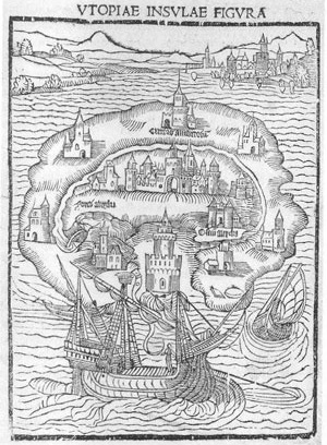 Gravura que ilustra Ilha da Utopia, de Thomas More, 1516. Note-se uma concepção de relação ideal entre o urbano, o rural e as práticas agrícolas. A cima à direita, o meio urbano, congestionado e densamente ocupado, antípoda do que se passava na ilha