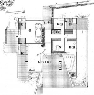 Case Study House n.09, Charles Eames, Ray Eames e Eero Saarinen, 1944, Chautauqua Boulevard, Pacific Palisades [A&A, dez. 1945]