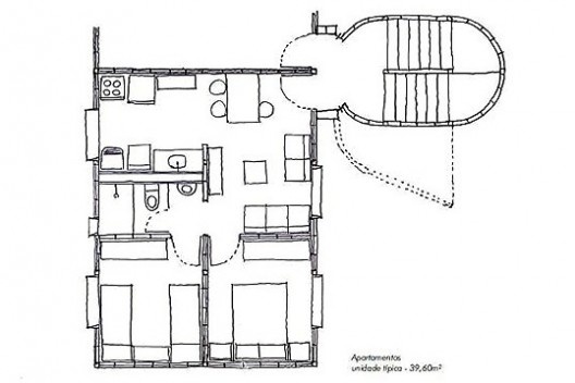 Projeto alternativo para o programa “Minha Casa, Minha Vida”, planta da unidade. Arquiteto João Filgueiras Lima, Lelé<br />Imagem divulgação 