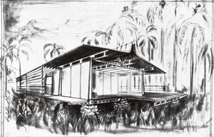 Jean Prouvé, Tropicale House, 1949-51, perspectiva <br />Archives Prouvé. Centre Georges Pompidou, Bibliothèque Kandinsky, Paris 