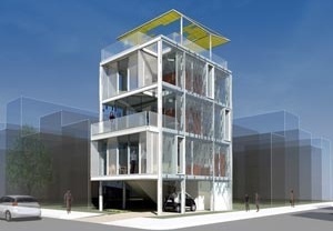 Cellophane House,  conforme projeto realizado para a exposição "Home Delivery". KieranTimberlake Arquitetos. Vista frontal <br />2008 Kieran Timberlake Architects 
