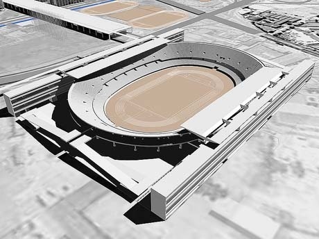 Figura 4 – Projeto Olímpico – Vila Olímpica e Estádio Olímpico: Paulo Mendes da Rocha e Equipe. Maquete eletrônica:  Roberto Kleinn