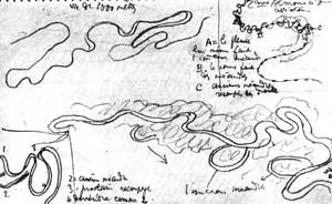 Croquis aéreo do curso dos rios no pampa argentino, de Le Corbusier, que originaria sua jocosa “Lei do meandro” [Santos, Cecília Rodrigues dos [et al.]. Le Corbusier e o Brasil. São Paulo. Projeto Editor]