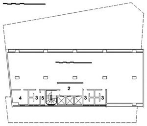 Edifício Renata Sampaio, planta tipo da torre: 1. escritório / salas; 2. hall; 3. W.C.; 4. copa; 5. depósito / despensa