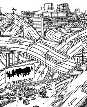 ¿Presente o futuro? Tal vez el humor nos ayude a comprender cabalmente nuestra crítica situación actual [Caloi. En: Autoclub, Año XXIV, Nº 136, 1988]
