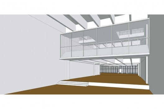 Perspectiva do interior da agência, próximo ao acesso da avenida Duque de Caxias; acima, a esquadria que delimita o pavilhão superior a partir do modelo tridimensional do Banespa<br />Elaboração dos autores 