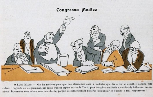 Charge da revista Careta sobre a despreocupação das autoridades de saúde [<i>Careta</i>, ed.539, 1918.]