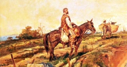 No canto esquerdo superior da pintura, atrás do senhor branco a cavalo, o único negro da pintura, provavelmente escravo e alheio ao fato histórico, conduz touro com carga no lombo. Pedro Américo, “Independência ou Morte” (detalhe), 1888<br />Imagem divulgação  [Museu Paulista da USP]