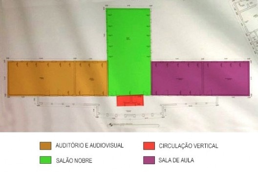 Planta baixa com setorização do segundo pavimento do prédio principal, banner disponibilizado pelo instituto, 2016<br />Foto divulgação 