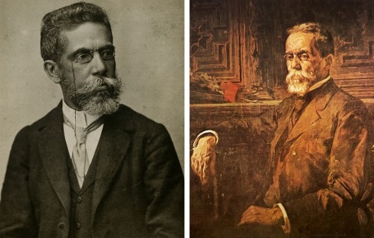 À esquerda, Machado de Assis (1839-1908), aos 57 anos, c.1896; à direita, Machado de Assis, c. 1905, pintura de Henrique Bernardelli, detalhe<br />Imagens divulgação  [Domínio público]