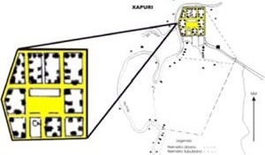 Planta da cidade de Xapuri, idealizada por Gastão Lobão, 1903<br />Montagem baseada no mapa do IBGE, 1987 