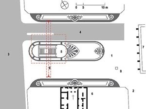 Imagem 06 – Planta. 1. Praça do Patriarc; 2. Rua São Bento; 3. Rua Líbero Badaró; 4. Estacionamento; 5. Acesso Galeria Prestes Maia; 6. Igreja de Santo Antônio; 7. Unibanco; 8. Ceschiatti