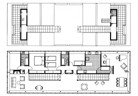 Casa ponte (Casa sobre o arroio), plantas térreo e piso superior, Mar del Plata, 1947. Arquiteto Amancio Williams<br />Imagem divulgação  [revista Óculum 7/8]