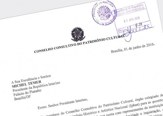 Cabeçalho com carimbo de protocolo da carta aberta pública enviada pelo Conselho Consultivo de Patrimônio ao Presidente da República Interino Michel Temer<br />Imagem divulgação 