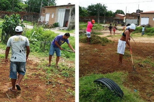 Grupo das pessoas encarregadas de realizar a limpeza na Comunidade Alto da Torre<br />Foto Simone Costa 