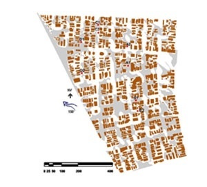 Figura 2: Figura de erosão de areia para vento com direção sudeste (150°) e velocidade de 330rpm no túnel aerodinâmico; percentual de área ventilada = 58,18%