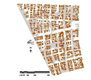 Figura 3: Figura de erosão de areia para vento com direção sudeste (90°) e velocidade de 330rpm no túnel aerodinâmico; percentual de área ventilada = 43,64%