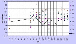 Gráfico 2: Comparação entre as temperaturas registradas em campo e no aeroporto local, pela manhã, com ventos leste e nordeste