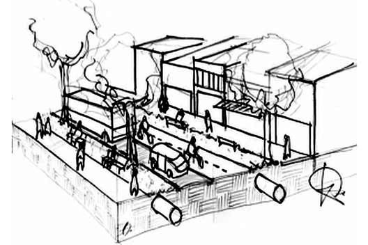 Perspectiva das vias propostas no parque, com calçadas pavimentadas, duas faixas permeáveis com plantio de árvores e áreas de convívio, pista central para autos e coleta de águas pluviais e servidas. Autores: André Yoshimoto, Beatriz Nachtergaele, Diana S