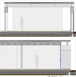 Casa Bunshaft: cortes longitudinal (acima) e transversal (abaixo) ampliados. Desenhos do autor