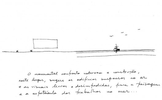 Cais das artes, Enseada do Suá, Vitória ES Brasil, 2007, em curso. Croquis n°1. Papel e madeira, caneta preta sobre feutro, 21x29,7 cm