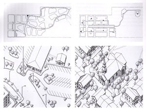 Figura 04 – Um exemplo de ocupação dispersa, à esquerda, em contraste com o desenho da direita que mostra uma situação tipo proposta pelo Novo Urbanismo. O sistema viário organiza um conjunto de vizinhanças bem delimitadas. Os edifícios públicos definem o [P. Katz. Livro: O Novo Urbanismo, 1994]