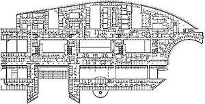 Planta, Nivel 3, Hospital Europeu Georges-Pompidou, Paris (por A. Zublena, B. Cabannes, P. Dariel, 1983-1999) [FERMAND, C.. Les hôpitaux et les cliniques : architectures de la santé, Paris, Le Moniteur]
