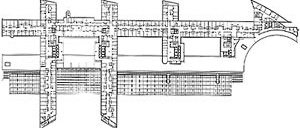 Planta, Nivel 5, Hospital Europeu Georges-Pompidou, Paris (por A. Zublena, B. Cabannes, P. Dariel, 1983-1999) [FERMAND, C.. Les hôpitaux et les cliniques : architectures de la santé, Paris, Le Moniteur]
