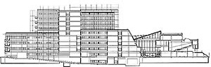 Corte Transversal, Hospital Europeu Georges-Pompidou, Paris (por A. Zublena, B. Cabannes, P. Dariel, 1983-1999) [FERMAND, C.. Les hôpitaux et les cliniques : architectures de la santé, Paris, Le Moniteur]