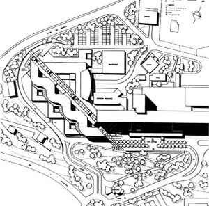 Implantação, Unidade Mães-Filhos e Urgência Geral, Hospital Norte, Marseille (por Groupe 6, 1991-1996) [FERMAND, C.. Les hôpitaux et les cliniques: architectures de la santé, Paris, Le Moniteur,]