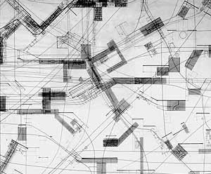 As maquetes e desenhos de Constant expõem uma suposta topografia de Nova Babilônia, investigando suas possibilidades/situações existenciais e espaciais. Constant, Groep Sectoren [grupo de setores], 1960 [Mark WIGLEY, Catherine de ZEGHER (ed.). The Activist Drawing. Retracing Situacionist Archi]