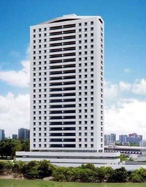 Figura 14 – Perspectiva promocional do Edifício Cristiano, em Casa Forte – torre de apartamentos sobre bloco horizontal de garagens. Construção: Conic&SouzaFilho