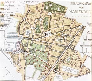 Plano que Camillo Sitte elaborou para Marienberg, em 1903 [Der Städtebau, 1904, p.73 e 74, apud PICCINATO, 1974,  p.144]