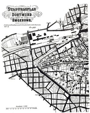 Plano de Extensão de Dortmund elaborado por  Baumeister em 1858 [FEHL, 1983, V2, p.71]