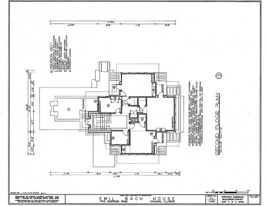 Emil Bach House, planta segundo pavimento, North Sheridan Road, Chicago, Estados Unidos, 1915. Arquiteto Frank Lloyd Wright<br />Redesenho J. William Rudd, 1965  [Library of Congress / U.S. Government]