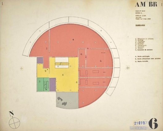 Embaixada da França, Chancelaria, planta quinto andar, Brasília, 1962-1964, arquiteto Le Corbusier<br />Imagem divulgação  [Fondation Le Corbusier]