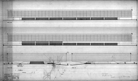 Departamento de Mineralogia, Petrologia, Geologia e Paleontologia da Faculdade de Filosofia, Ciências e Letras da USP, elevações. Cidade Universitária, São Paulo, 1961, arquiteto Pedro Paulo de Melo Saraiva<br />Acervo PPMS  [ESPALLARGAS GIMENEZ, Luis. <i>Pedro Paulo de Melo Saraiva, arquiteto</i>. Romano Guerra, 2]